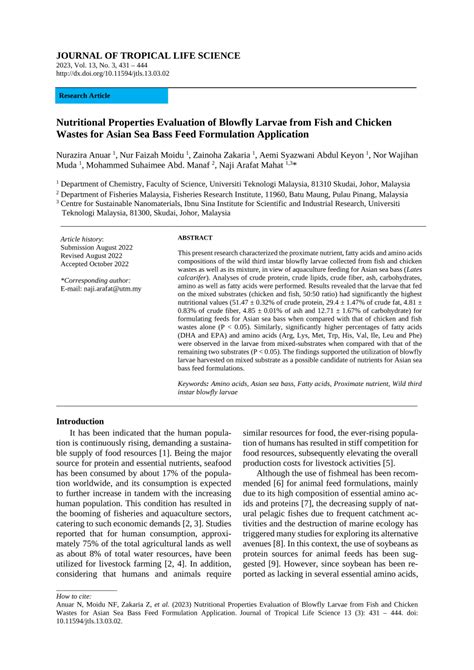 Pdf Nutritional Properties Evaluation Of Blowfly Larvae From Fish And Chicken Wastes For Asian