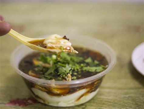 Scoop Out Bean Curd And Coriander With A Spoon Background Jellied Bean Curd Parsley Salty