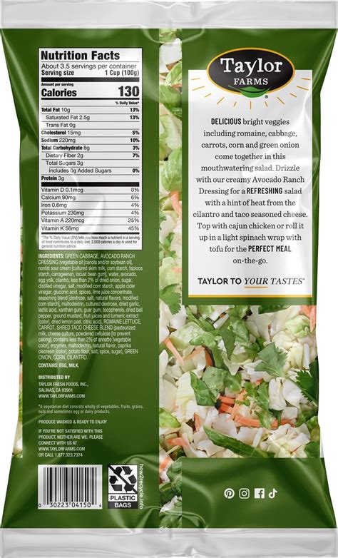 Taylor Farms Avocado Ranch Chopped Salad Kit Nutrition Facts