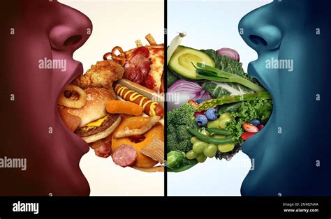 Wholesome Versus Unhealthy Food And Nutrition Choice Or Diet Decision Concept And Eating Choices